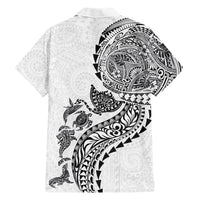 Hawaiian Kakau Tribal Sea Animals Tattoos Family Matching Off Shoulder Short Dress and Hawaiian Shirt White Color