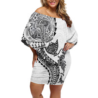 Hawaiian Kakau Tribal Sea Animals Tattoos Family Matching Off Shoulder Short Dress and Hawaiian Shirt White Color