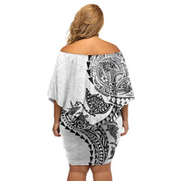 Hawaiian Kakau Tribal Sea Animals Tattoos Family Matching Off Shoulder Short Dress and Hawaiian Shirt White Color