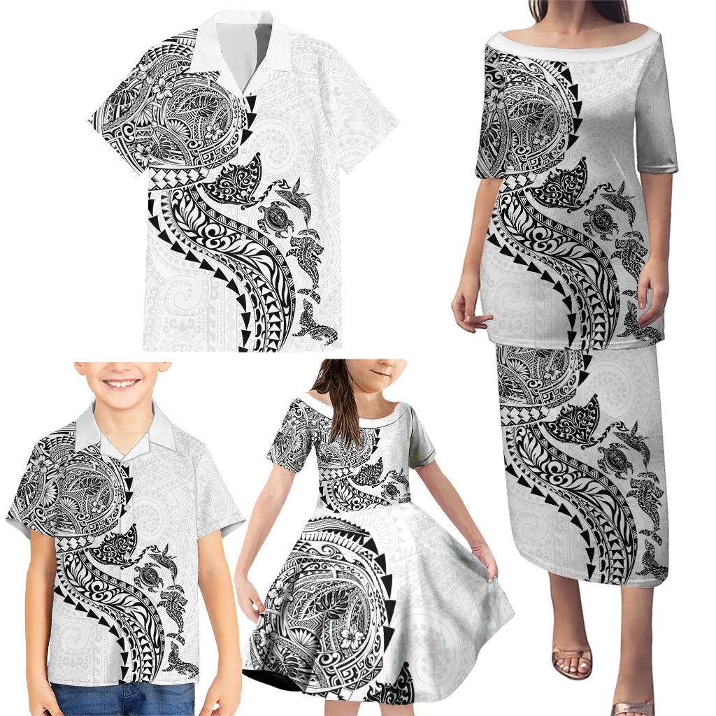 Hawaiian Kakau Tribal Sea Animals Tattoos Family Matching Puletasi and Hawaiian Shirt White Color