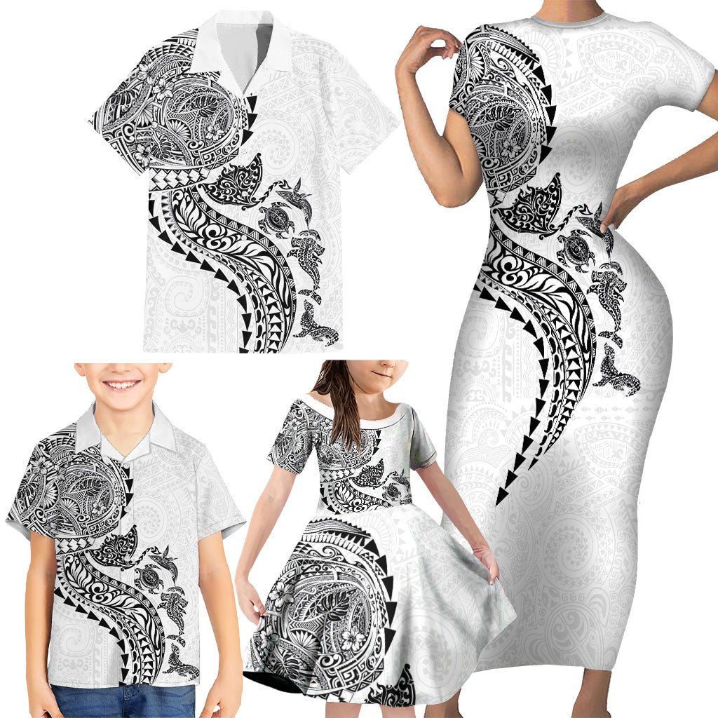 Hawaiian Kakau Tribal Sea Animals Tattoos Family Matching Short Sleeve Bodycon Dress and Hawaiian Shirt White Color