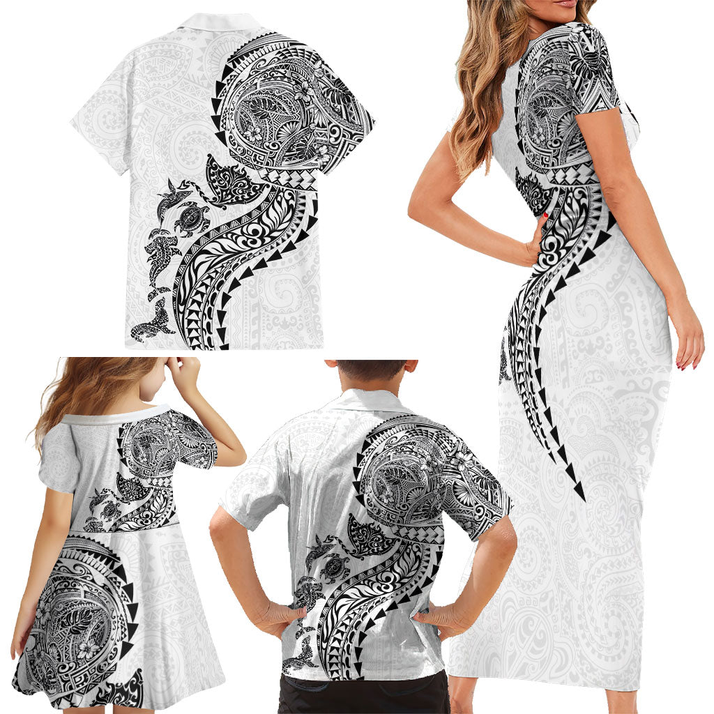 Hawaiian Kakau Tribal Sea Animals Tattoos Family Matching Short Sleeve Bodycon Dress and Hawaiian Shirt White Color