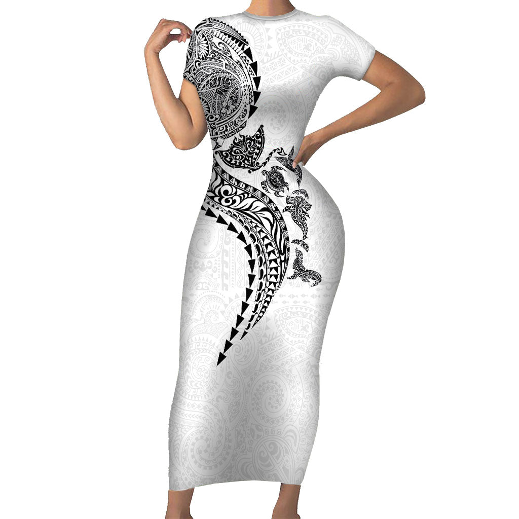 Hawaiian Kakau Tribal Sea Animals Tattoos Family Matching Short Sleeve Bodycon Dress and Hawaiian Shirt White Color