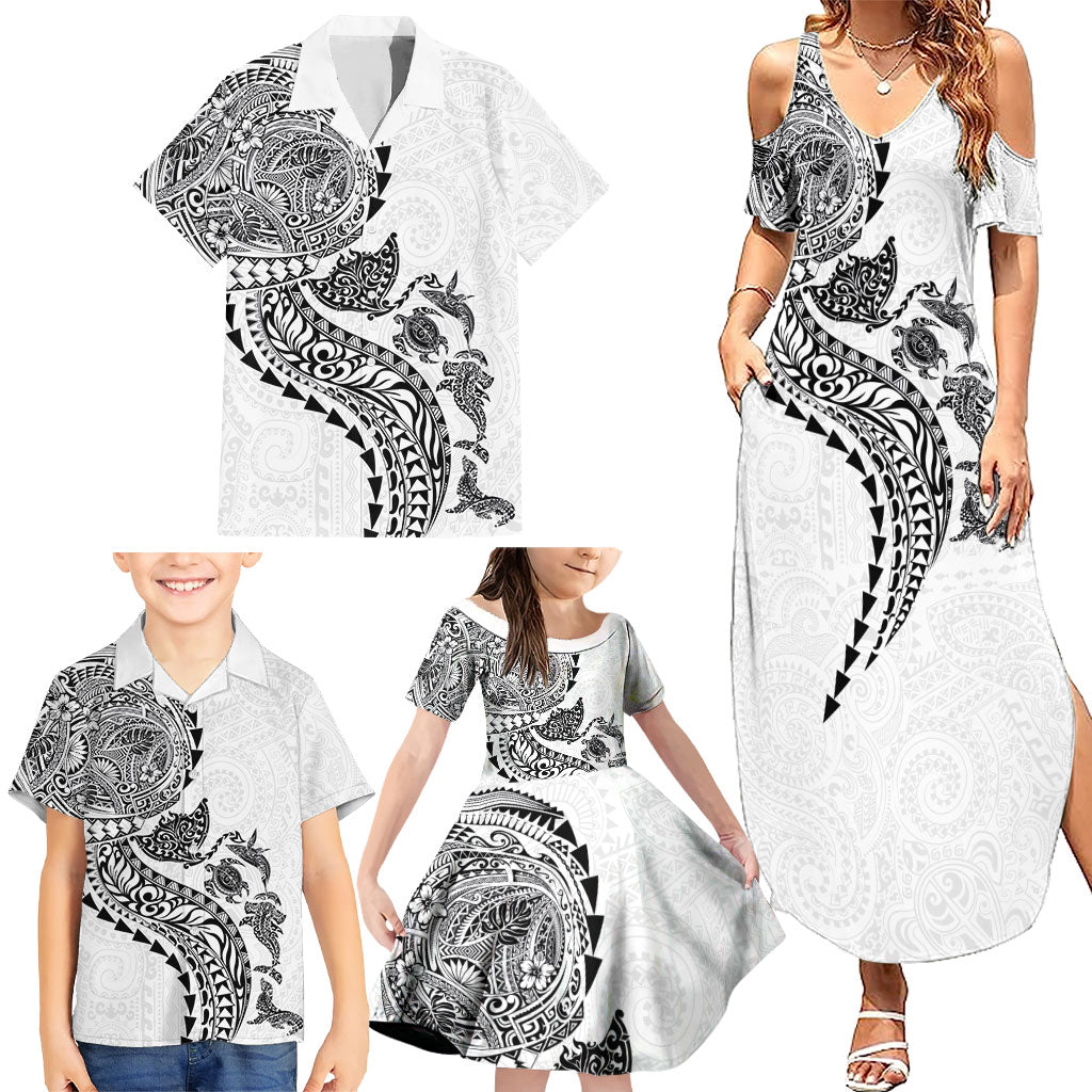 Hawaiian Kakau Tribal Sea Animals Tattoos Family Matching Summer Maxi Dress and Hawaiian Shirt White Color