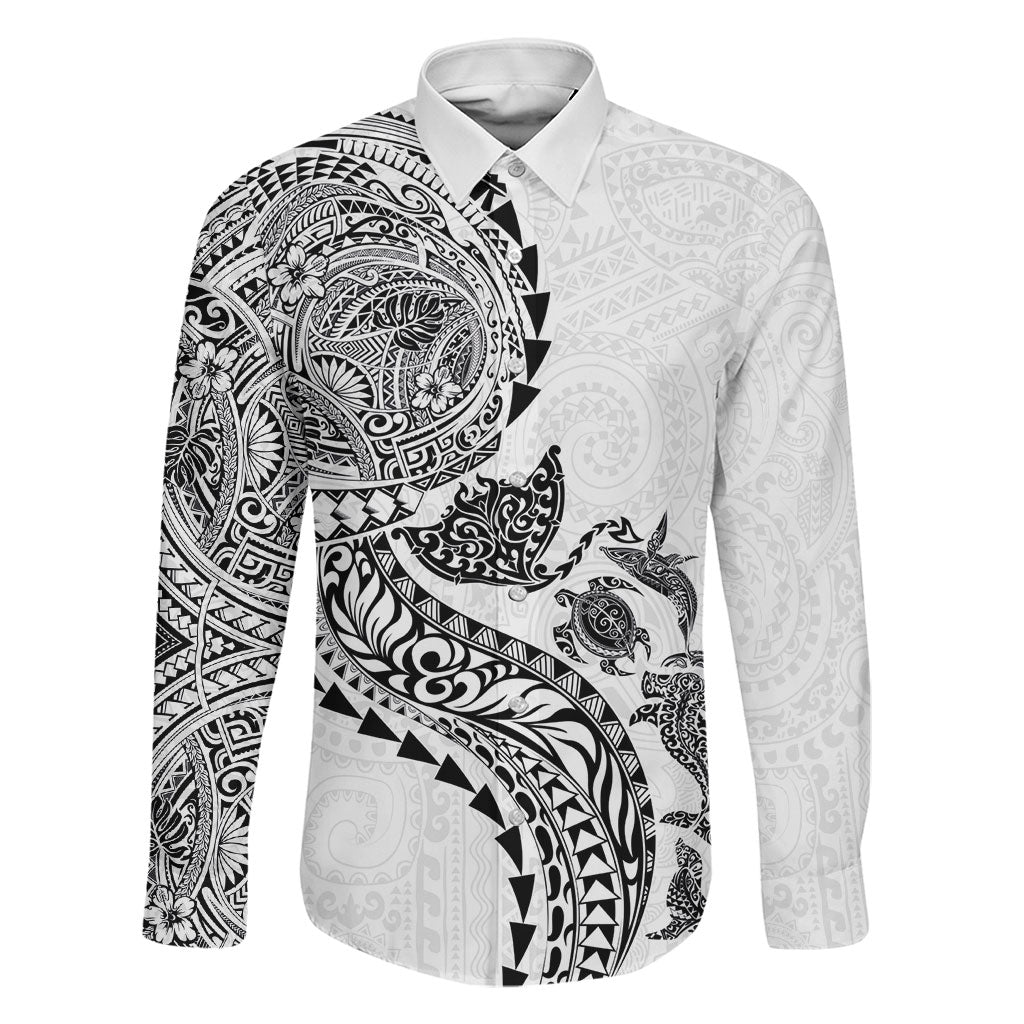 Hawaiian Kakau Tribal Sea Animals Tattoos Family Matching Summer Maxi Dress and Hawaiian Shirt White Color