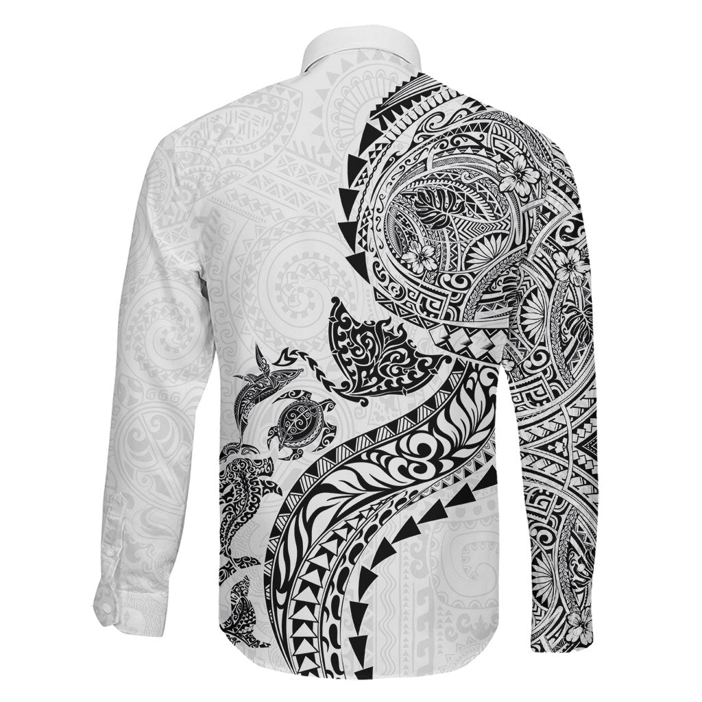 Hawaiian Kakau Tribal Sea Animals Tattoos Family Matching Summer Maxi Dress and Hawaiian Shirt White Color