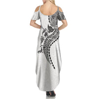 Hawaiian Kakau Tribal Sea Animals Tattoos Family Matching Summer Maxi Dress and Hawaiian Shirt White Color