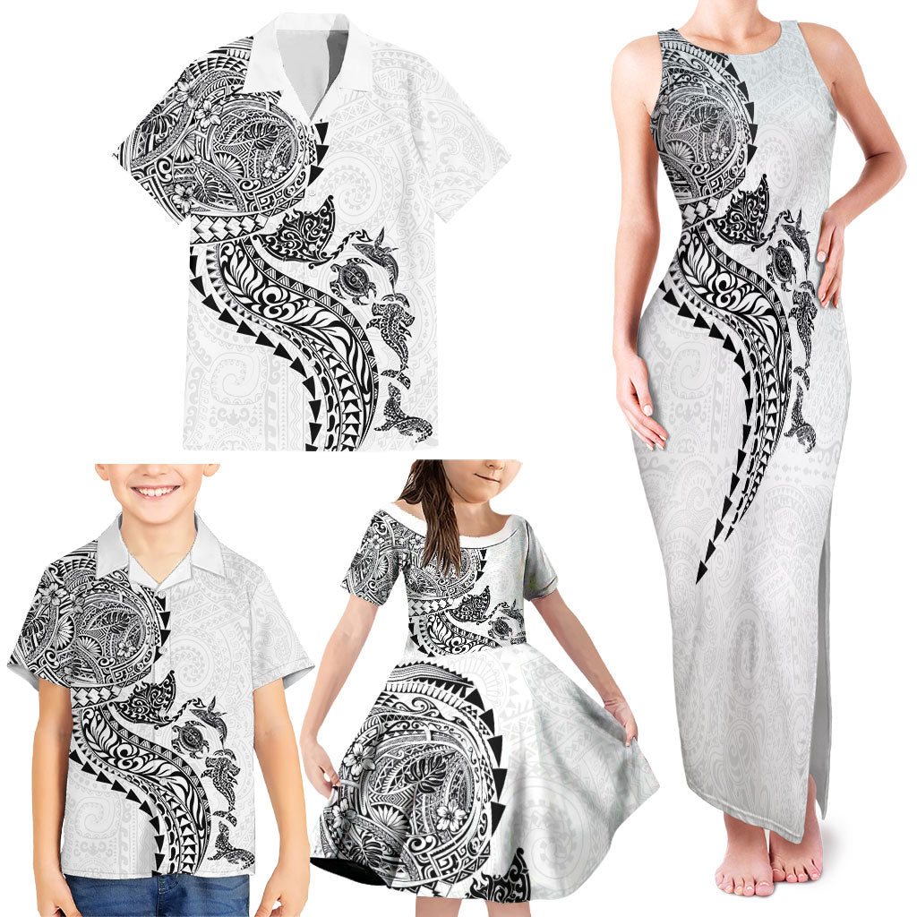 Hawaiian Kakau Tribal Sea Animals Tattoos Family Matching Tank Maxi Dress and Hawaiian Shirt White Color