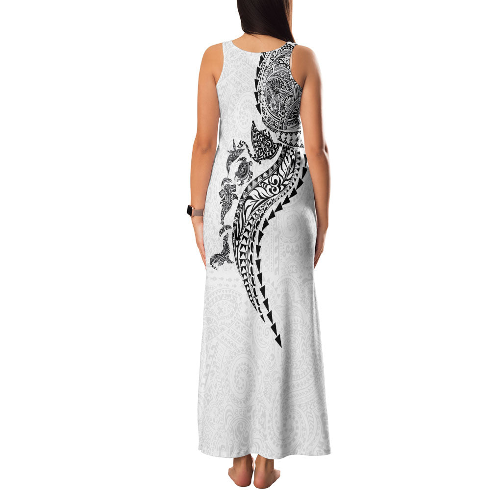 Hawaiian Kakau Tribal Sea Animals Tattoos Family Matching Tank Maxi Dress and Hawaiian Shirt White Color