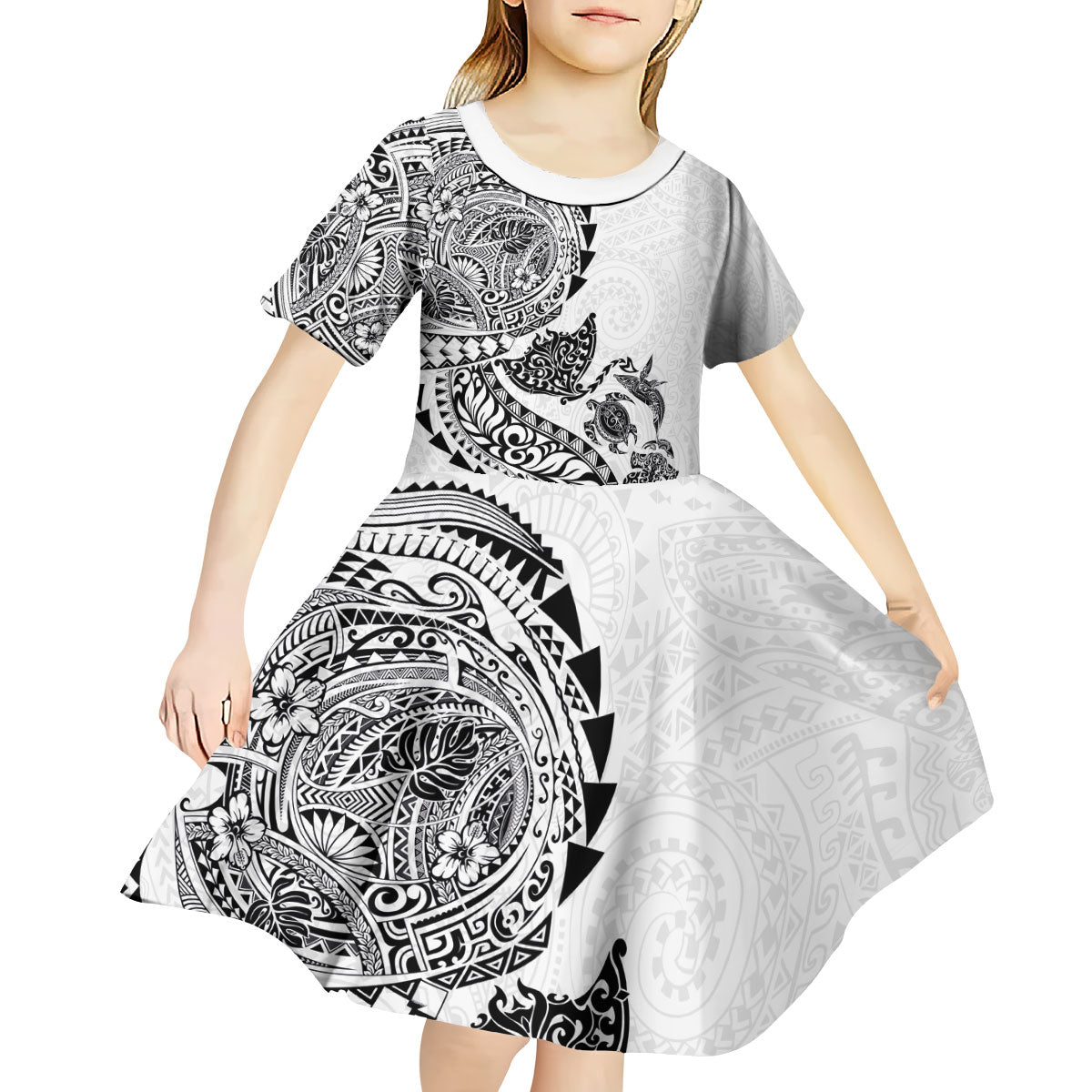 Hawaiian Kakau Tribal Sea Animals Tattoos Kid Short Sleeve Dress White Color
