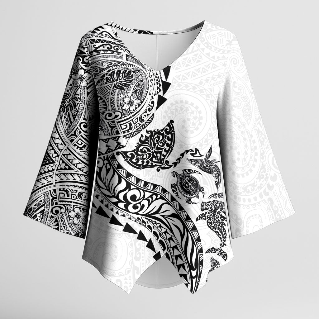 Hawaiian Kakau Tribal Sea Animals Tattoos Kimono Sleeve Blouse White Color
