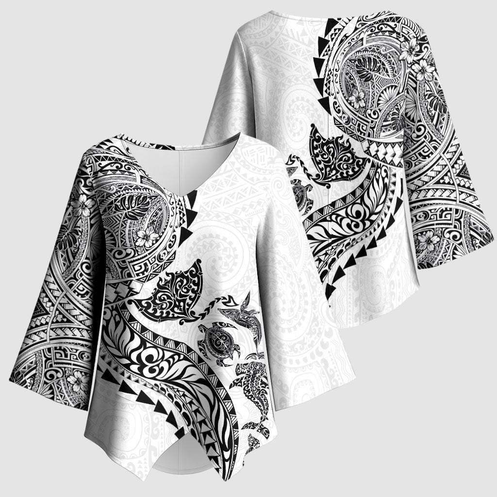 Hawaiian Kakau Tribal Sea Animals Tattoos Kimono Sleeve Blouse White Color