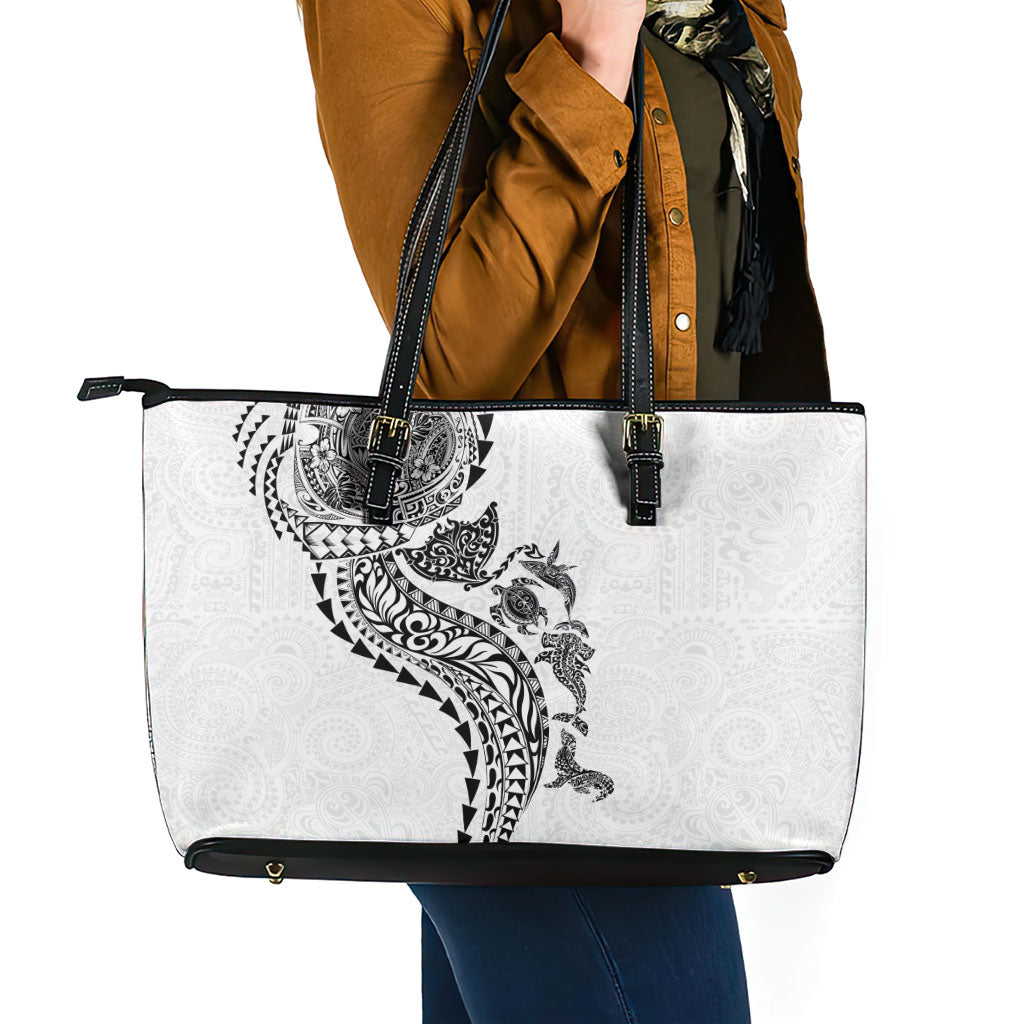 Hawaiian Kakau Tribal Sea Animals Tattoos Leather Tote Bag White Color