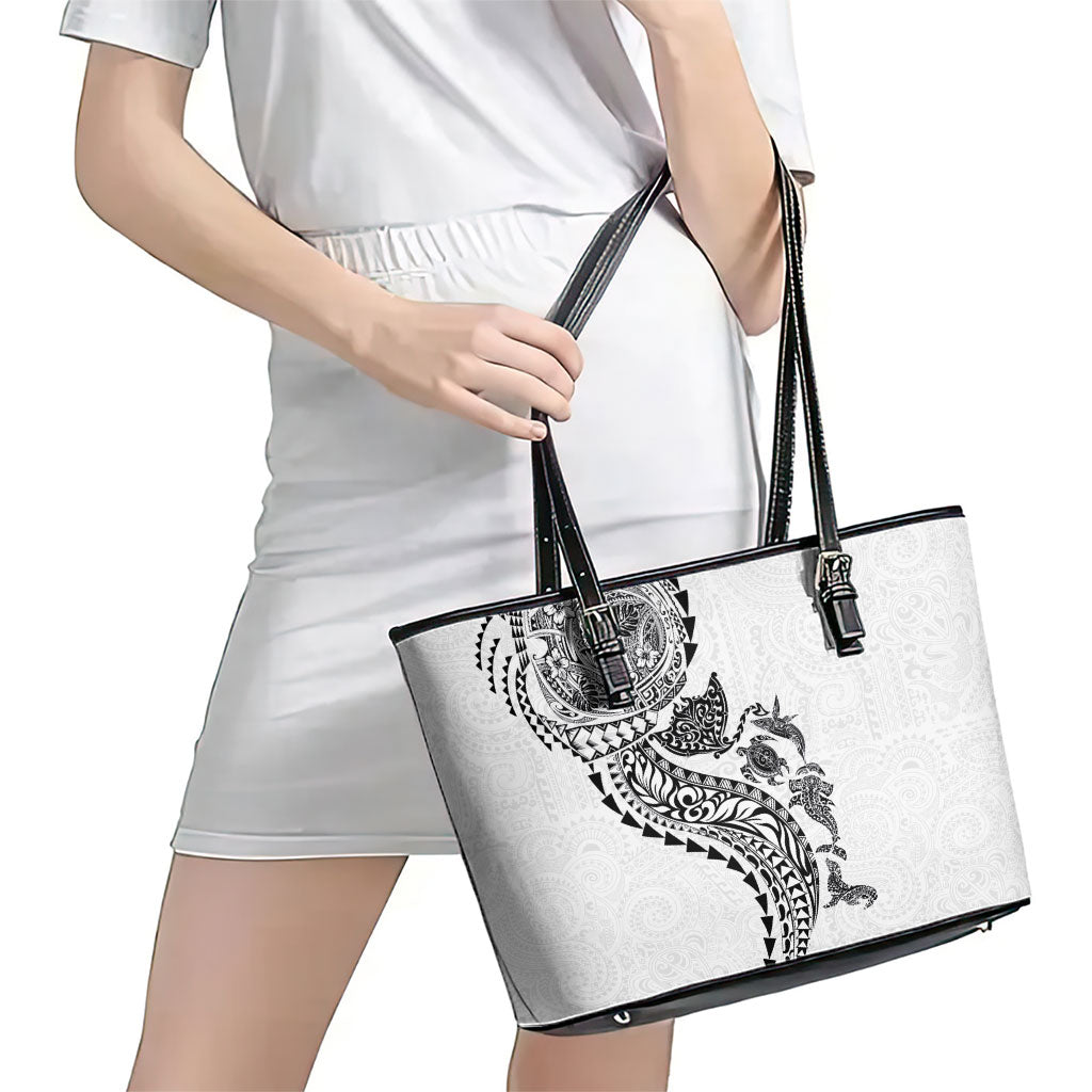 Hawaiian Kakau Tribal Sea Animals Tattoos Leather Tote Bag White Color