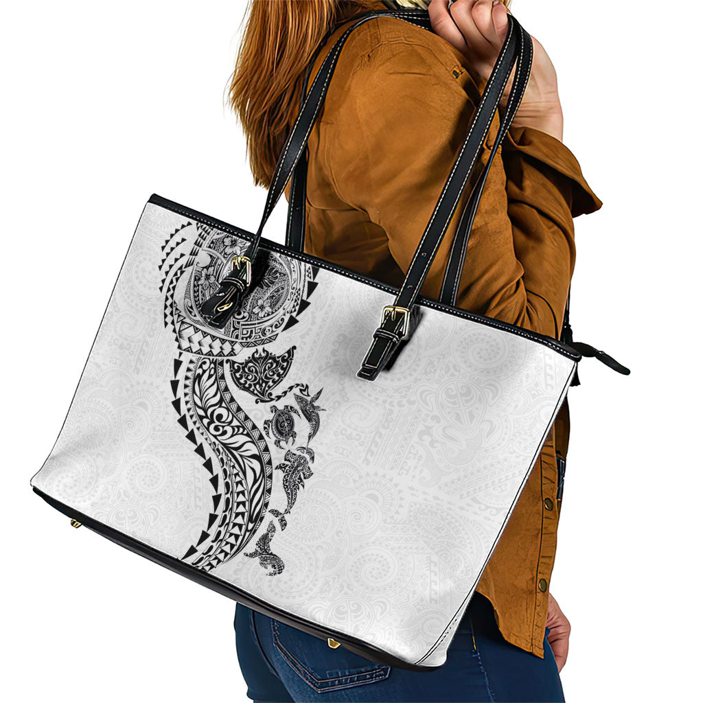 Hawaiian Kakau Tribal Sea Animals Tattoos Leather Tote Bag White Color