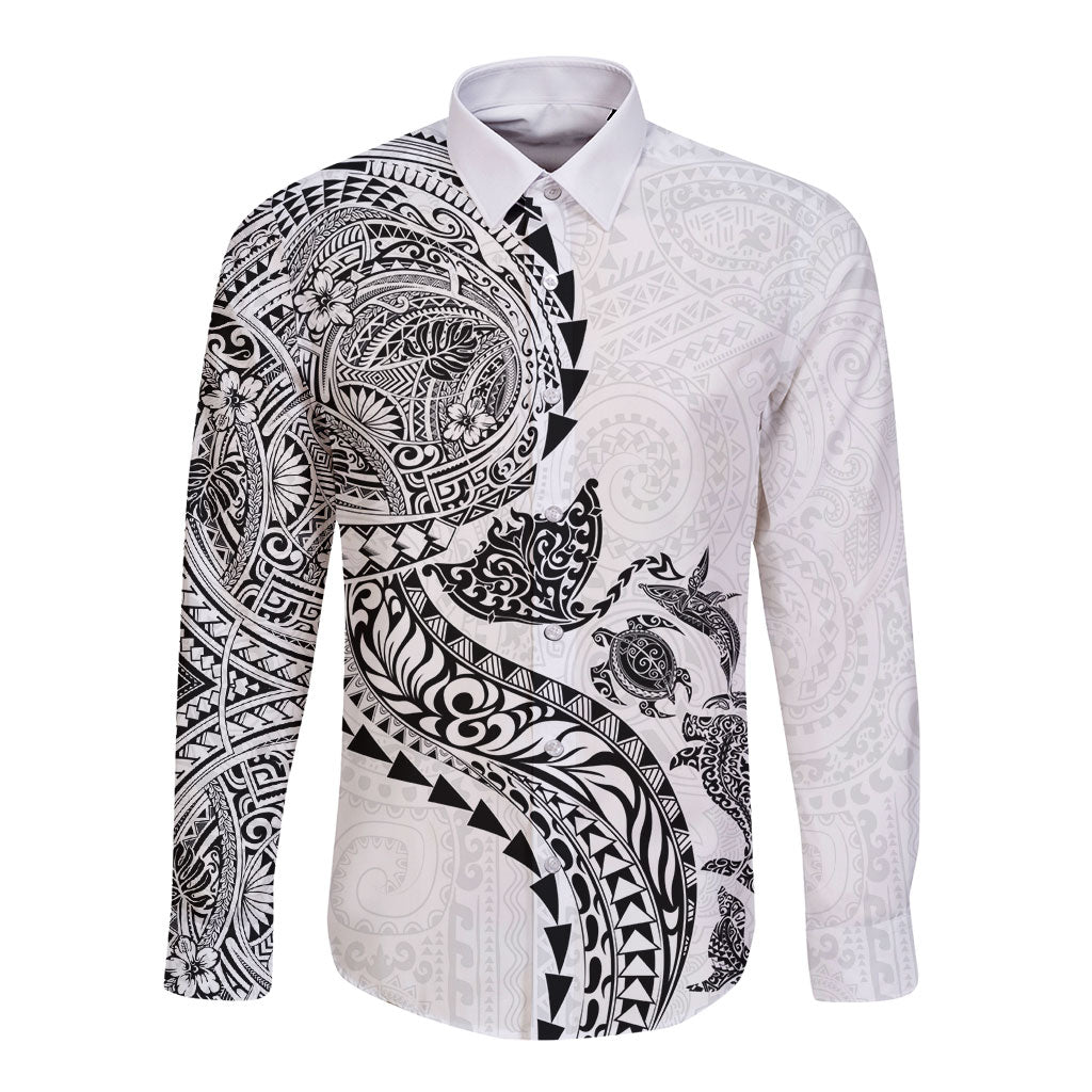 Hawaiian Kakau Tribal Sea Animals Tattoos Long Sleeve Button Shirt White Color