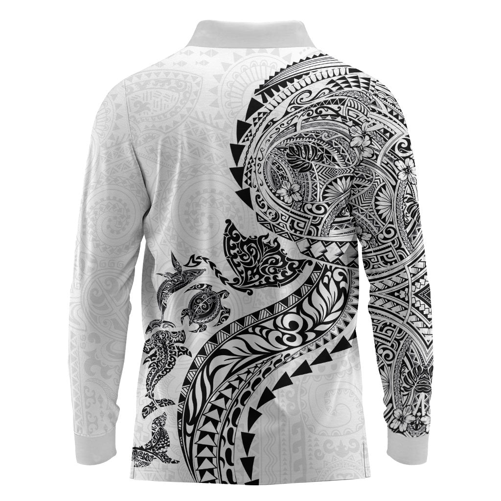 Hawaiian Kakau Tribal Sea Animals Tattoos Long Sleeve Polo Shirt White Color
