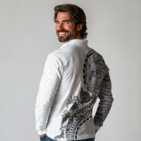 Hawaiian Kakau Tribal Sea Animals Tattoos Long Sleeve Polo Shirt White Color
