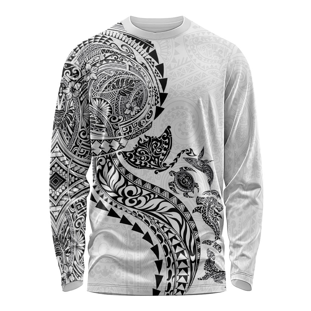 Hawaiian Kakau Tribal Sea Animals Tattoos Long Sleeve Shirt White Color LT03 Unisex White - Polynesian Pride