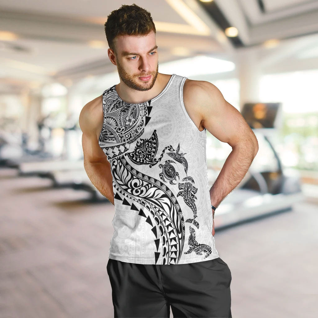 Hawaiian Kakau Tribal Sea Animals Tattoos Men Tank Top White Color LT03 White - Polynesian Pride