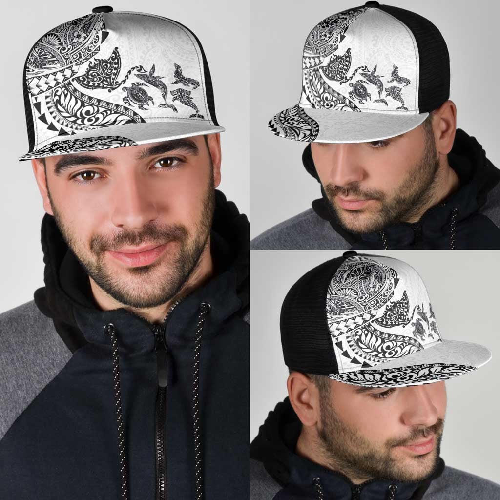 Hawaiian Kakau Tribal Sea Animals Tattoos Mesh Trucker Cap White Color