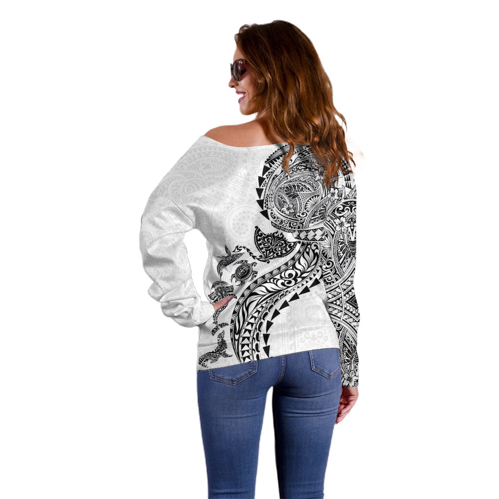 Hawaiian Kakau Tribal Sea Animals Tattoos Off Shoulder Sweater White Color
