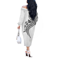 Hawaiian Kakau Tribal Sea Animals Tattoos Off The Shoulder Long Sleeve Dress White Color