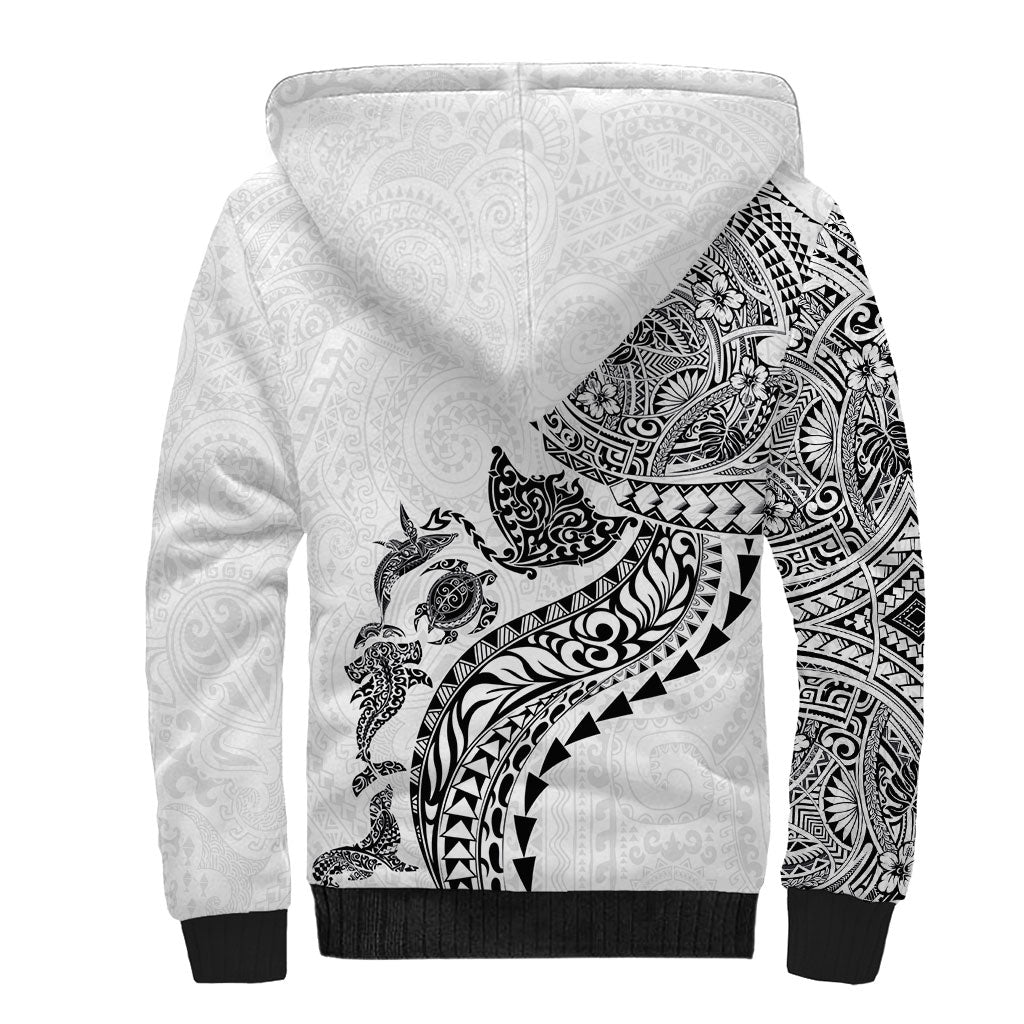 Hawaiian Kakau Tribal Sea Animals Tattoos Sherpa Hoodie White Color