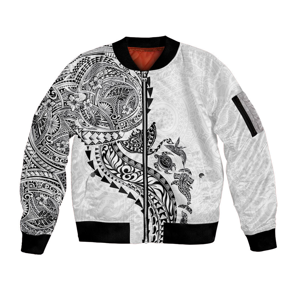 Hawaiian Kakau Tribal Sea Animals Tattoos Sleeve Zip Bomber Jacket White Color