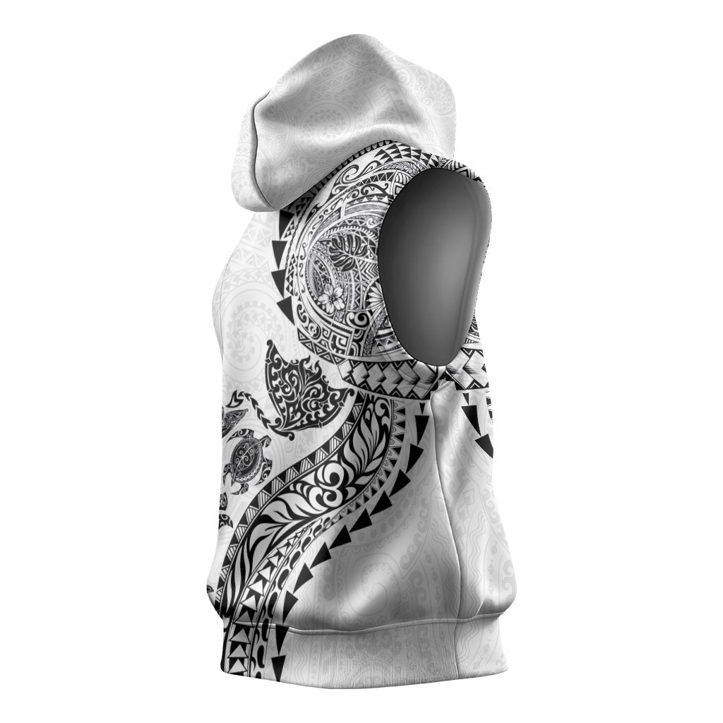 Hawaiian Kakau Tribal Sea Animals Tattoos Sleeveless Hoodie White Color