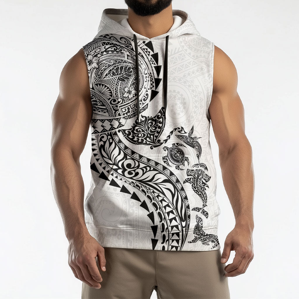 Hawaiian Kakau Tribal Sea Animals Tattoos Sleeveless Hoodie White Color