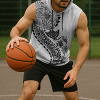 Hawaiian Kakau Tribal Sea Animals Tattoos Sleeveless Hoodie White Color
