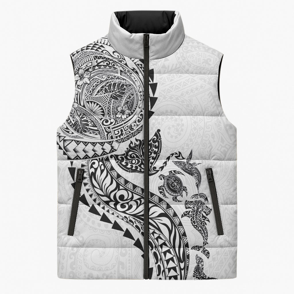 Hawaiian Kakau Tribal Sea Animals Tattoos Sleeveless Puffer Jacket White Color