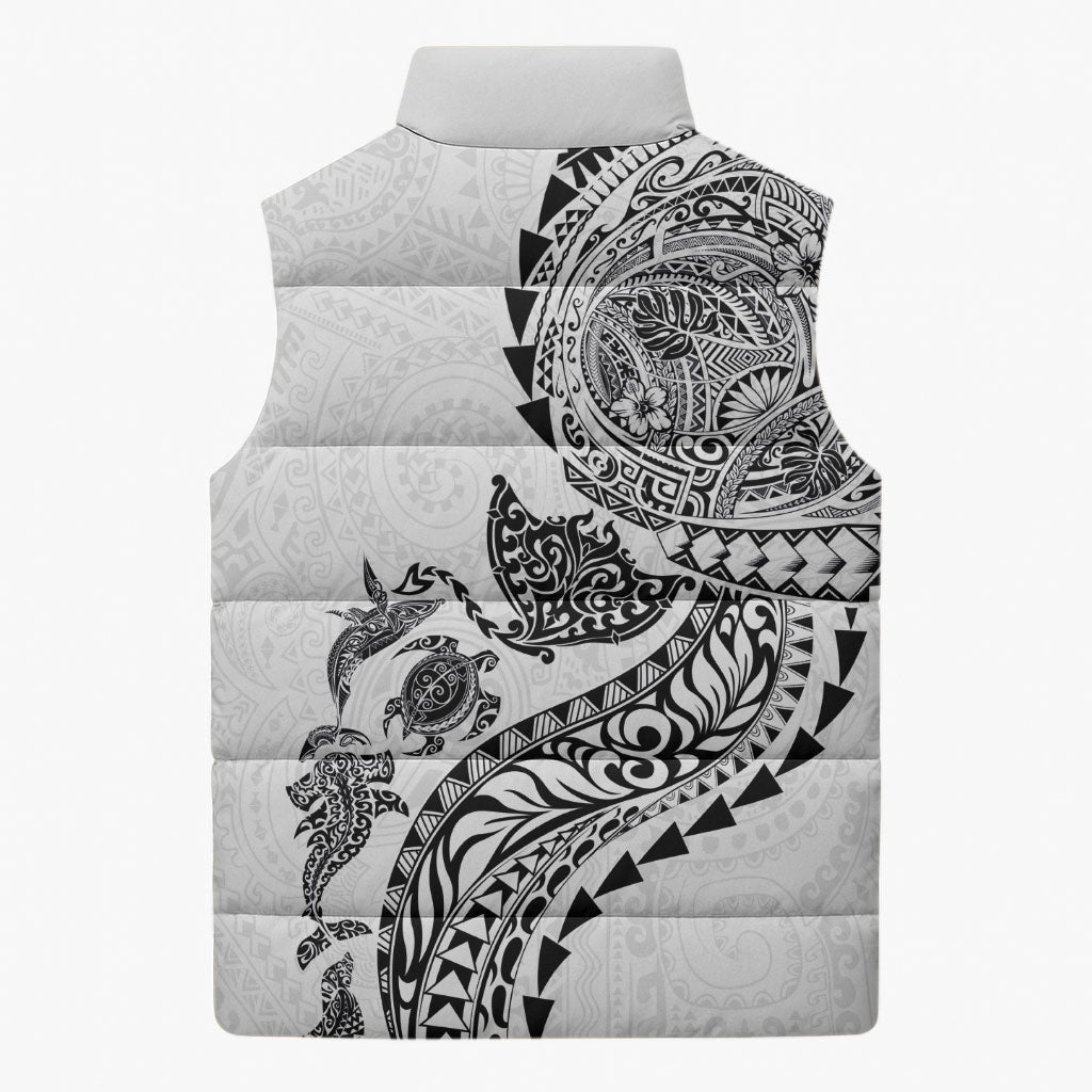 Hawaiian Kakau Tribal Sea Animals Tattoos Sleeveless Puffer Jacket White Color