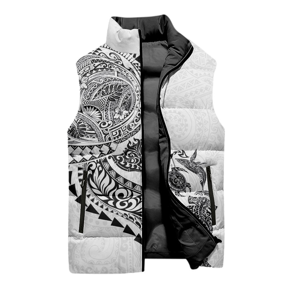 Hawaiian Kakau Tribal Sea Animals Tattoos Sleeveless Puffer Jacket White Color