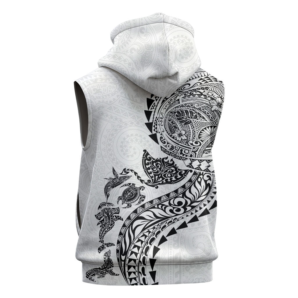 Hawaiian Kakau Tribal Sea Animals Tattoos Sleeveless Zip Hoodie White Color
