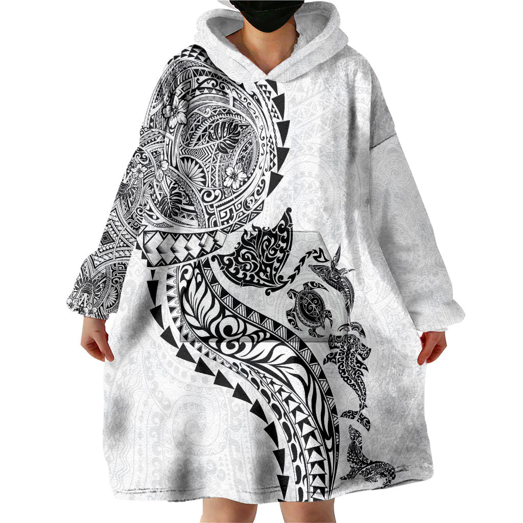 Hawaiian Kakau Tribal Sea Animals Tattoos Wearable Blanket Hoodie White Color