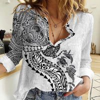 Hawaiian Kakau Tribal Sea Animals Tattoos Women Casual Shirt White Color