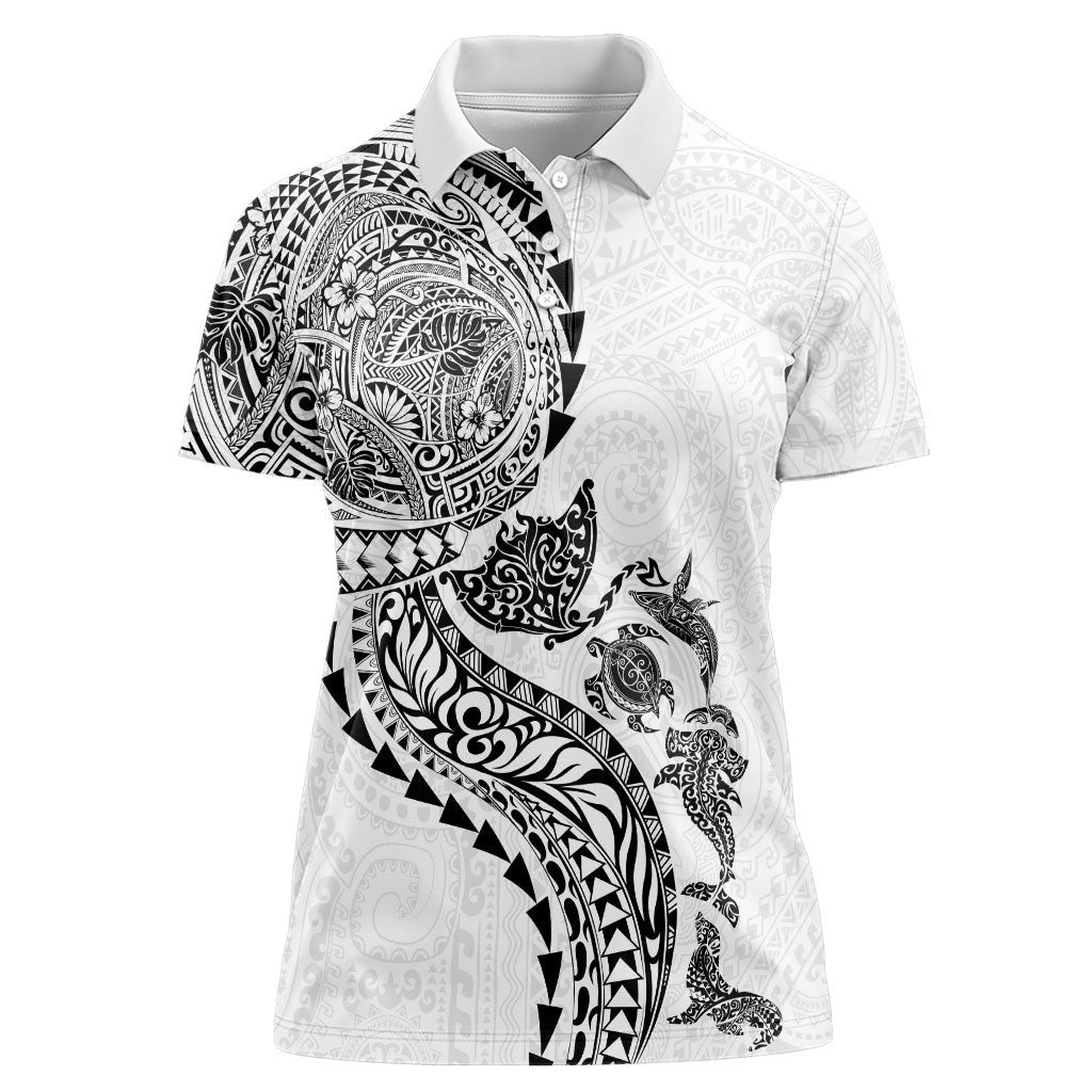 Hawaiian Kakau Tribal Sea Animals Tattoos Women Polo Shirt White Color