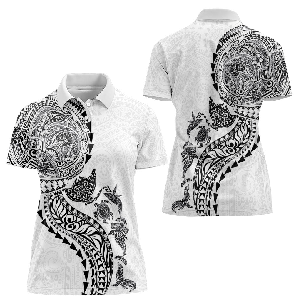 Hawaiian Kakau Tribal Sea Animals Tattoos Women Polo Shirt White Color