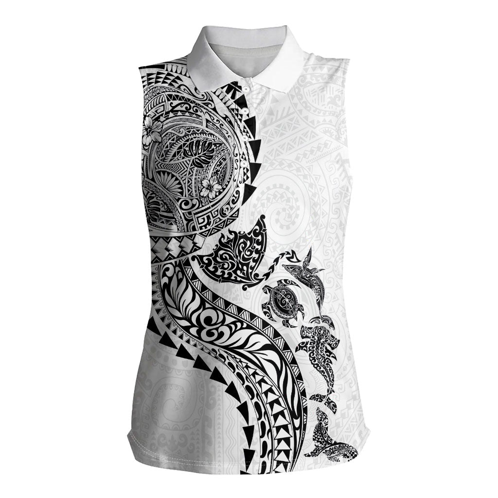 Hawaiian Kakau Tribal Sea Animals Tattoos Women Sleeveless Polo Shirt White Color