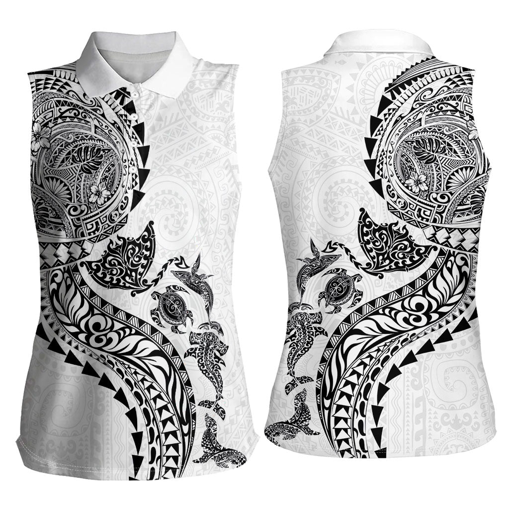 Hawaiian Kakau Tribal Sea Animals Tattoos Women Sleeveless Polo Shirt White Color