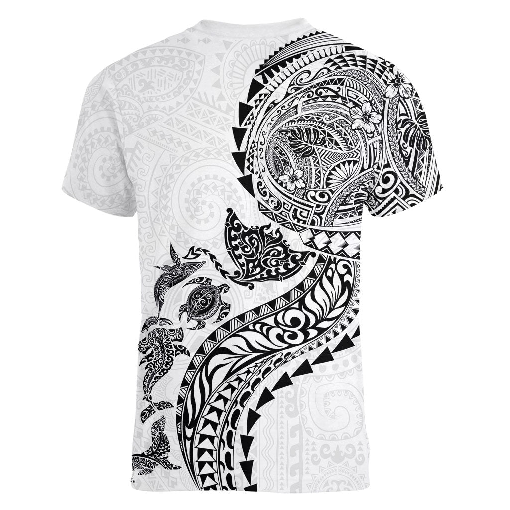 Hawaiian Kakau Tribal Sea Animals Tattoos Women V-Neck T-Shirt White Color