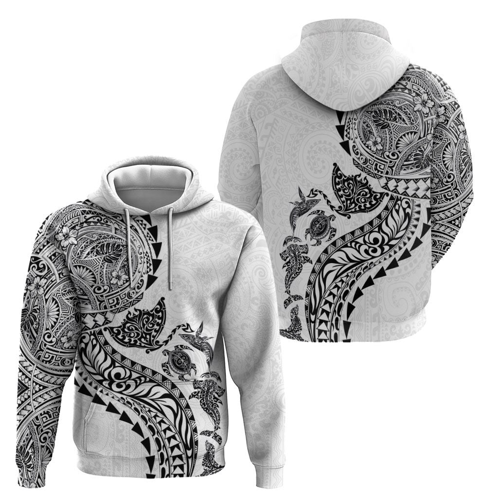 Hawaiian Kakau Tribal Sea Animals Tattoos Zip Hoodie White Color