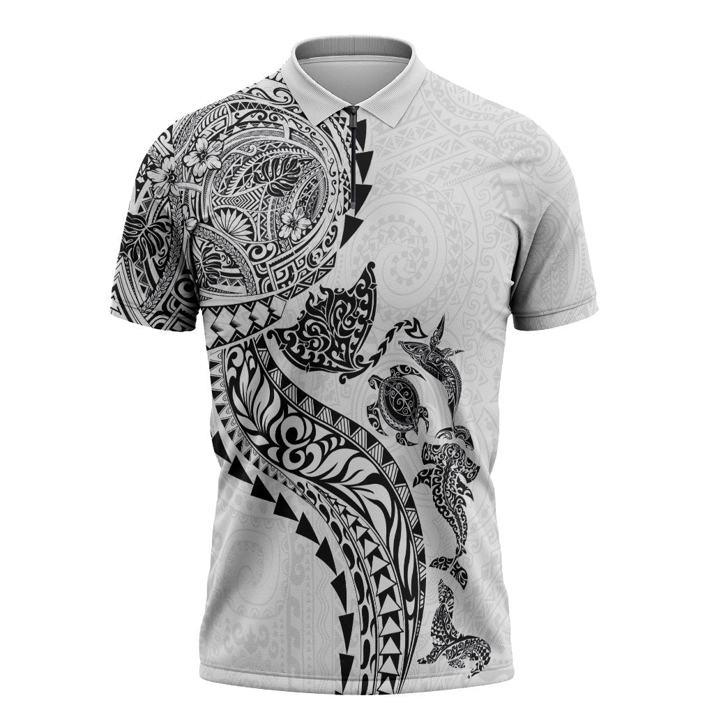 Hawaiian Kakau Tribal Sea Animals Tattoos Zipper Polo Shirt White Color