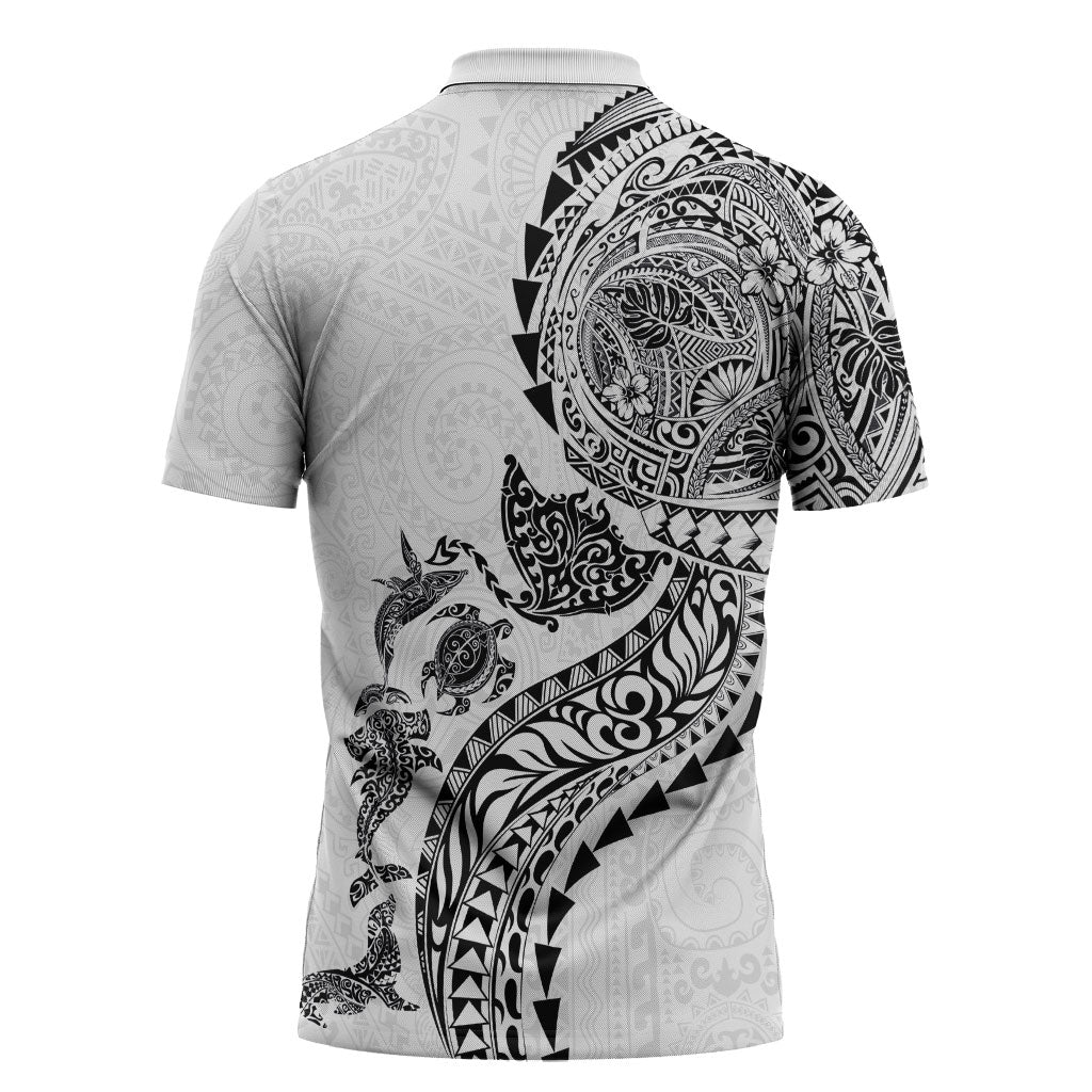 Hawaiian Kakau Tribal Sea Animals Tattoos Zipper Polo Shirt White Color