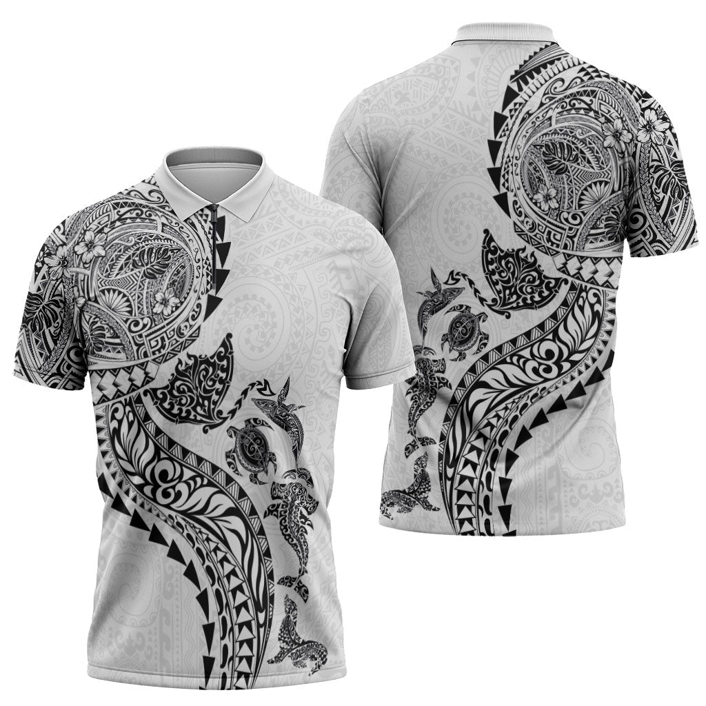 Hawaiian Kakau Tribal Sea Animals Tattoos Zipper Polo Shirt White Color