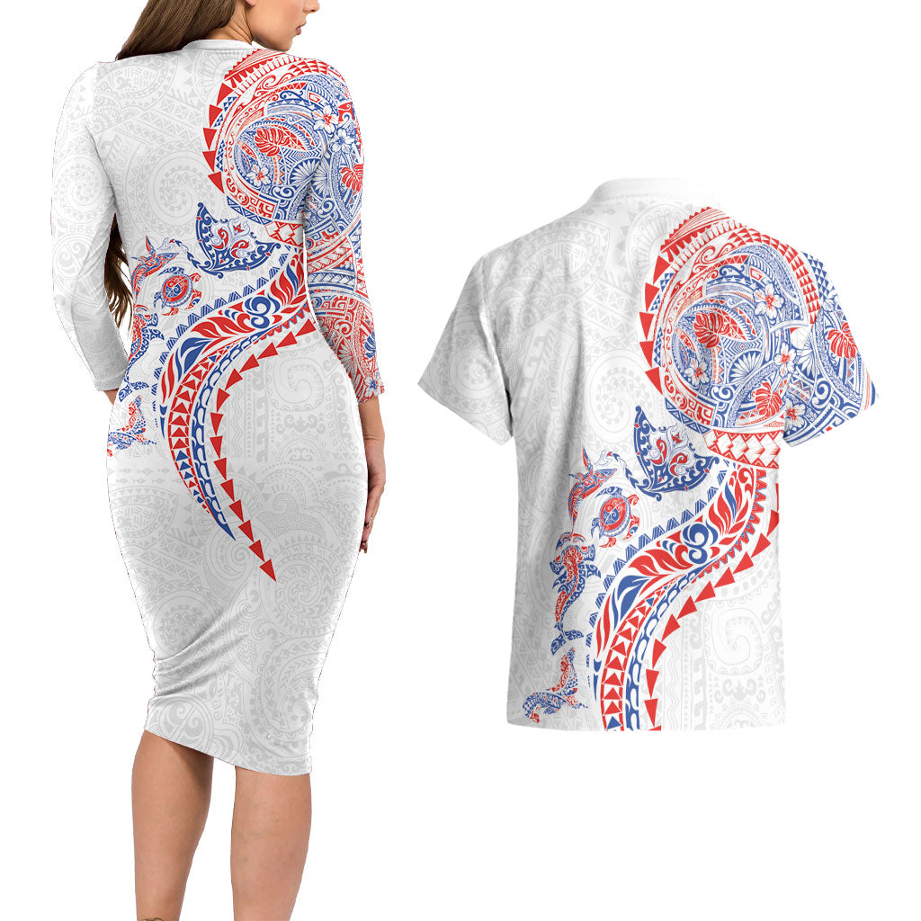 Hawaiian Kakau Tribal Sea Animals Tattoos Couples Matching Long Sleeve Bodycon Dress and Hawaiian Shirt Hawaii Flag Color Inspired