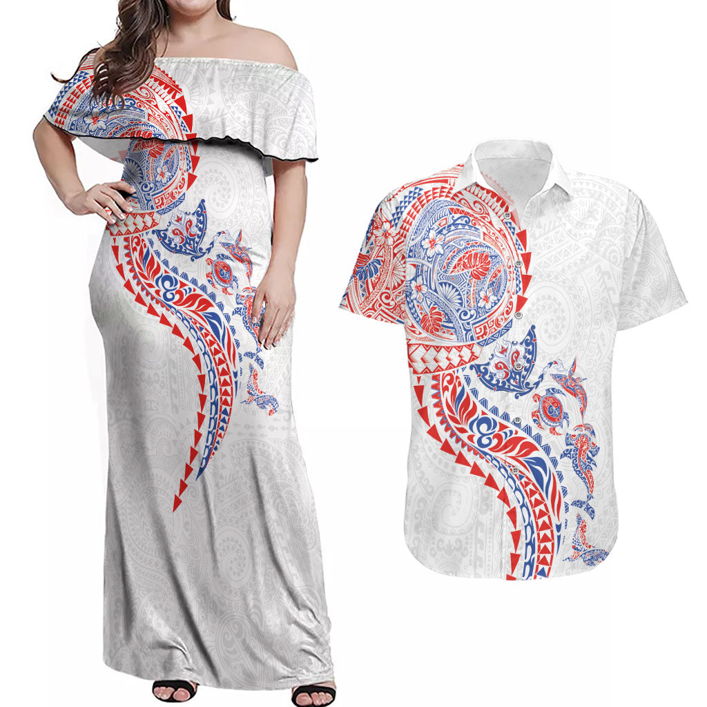 Hawaiian Kakau Tribal Sea Animals Tattoos Couples Matching Off Shoulder Maxi Dress and Hawaiian Shirt Hawaii Flag Color Inspired