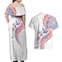 Hawaiian Kakau Tribal Sea Animals Tattoos Couples Matching Off Shoulder Maxi Dress and Hawaiian Shirt Hawaii Flag Color Inspired